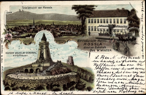 Chromo-Litho Roßla am Harz, Panorama, Kyffhäuser Hotel, Kaiser Wilhelm Monument on the Kyffhäuser