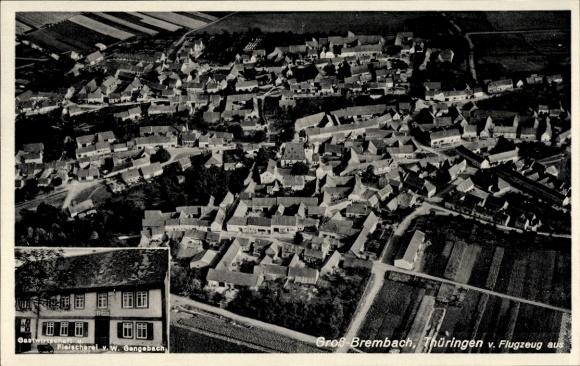Postcard Großbrembach Buttstädt in Thuringia, aerial photograph, restaurant and butcher shop Gengelbach