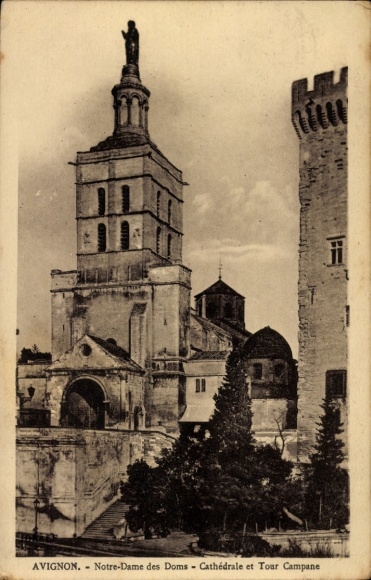 Postcard Avignon Vaucluse, Notre-Dame des Doms, Cathedral, Tour Campane, Black and White Image