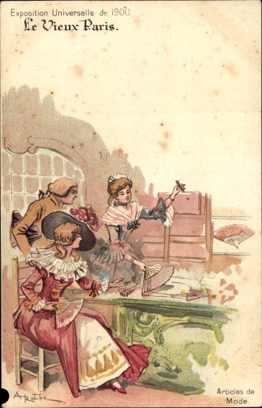 Artist Chromo-Litho Robida, A., Old Paris, Universal Exhibition of 1900, Fashion Items