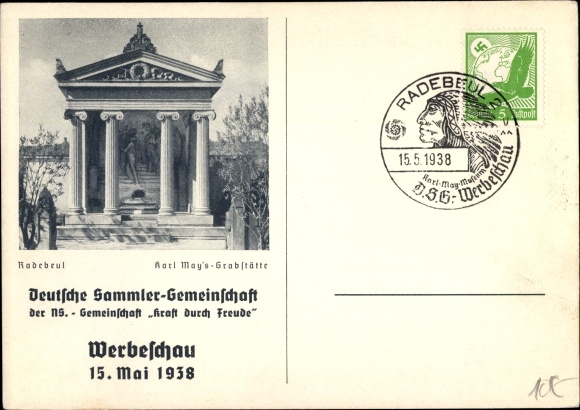 Ansichtkaart Radebeul Sachsen, Karl May's begraafplaats, Duitse verzamelaarsvereniging KDF, reclameshow 1938