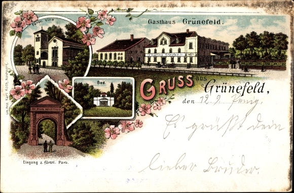 Chromo-Litho Grünefeld Schönwalde Glien Havelland, Inn Grünefeld, Fürstl. Villa, bathroom, park entrance