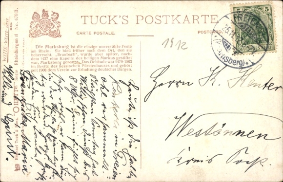 Artist Postcard Braubach am Rhein, The Marksburg and Surroundings, Tuck 679 B