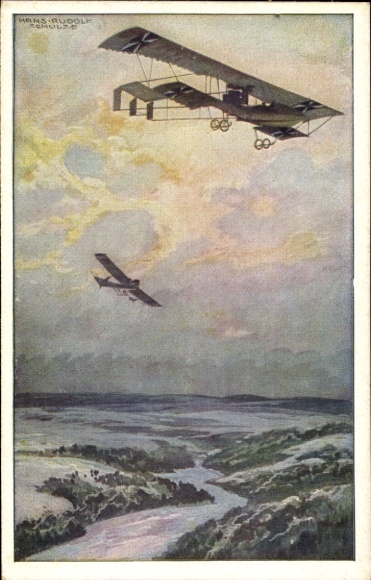 Artist Postcard Schulze, Hans Rudolf, Military biplane on reconnaissance mission over the Argonne Forest