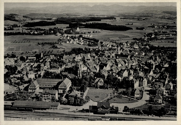 Postcard Wangen im Allgäu, aerial view of architecture, rural surroundings, clouds