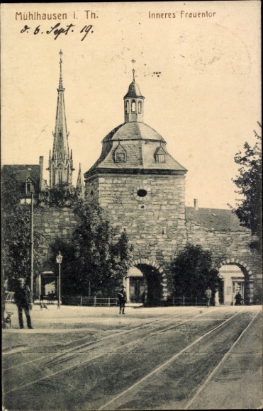 Postcard Mühlhausen in Thuringia, Inner Frauentor, s building, tram tracks, old architecture