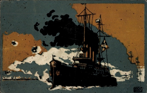 Kunstenaarskaart Scholz, Adolf, Duits oorlogsschip op zee, collectie Duitse Rode Kruis