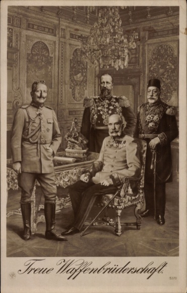 Postcard Kaiser Wilhelm II, Kaiser Franz Joseph I, Ferdinand I of Bulgaria, Sultan Mehmed V