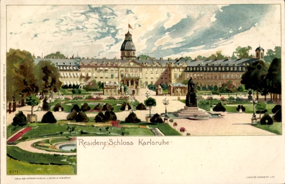 Postcard Karlsruhe in Baden, Residence Castle Garden, historical building, statue