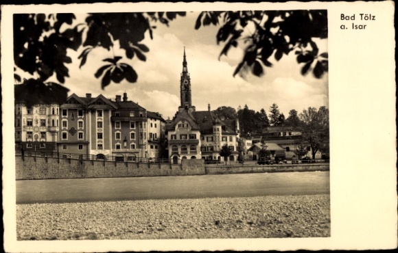 Postcard Bad Tölz in the Isar Valley Upper Bavaria, view of the town, church tower, houses