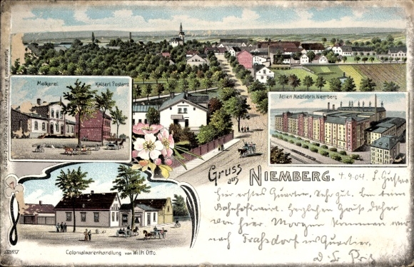 Chromo-Litho Niemberg Landsberg Saalekreis, Panorama, Wilh. Otto commercial building, post office, Actien Malzfabrik
