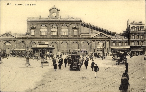 Postcard Lille Nord, La Gare, view from the train station, buffet, road traffic