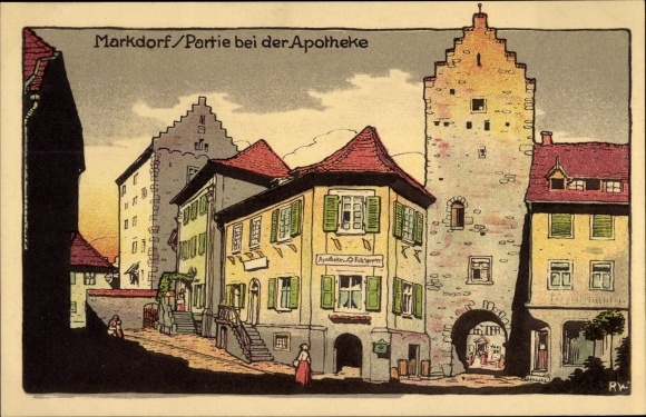 Lithography Postcard Markdorf Bodenseekreis Baden, At the pharmacy, gate