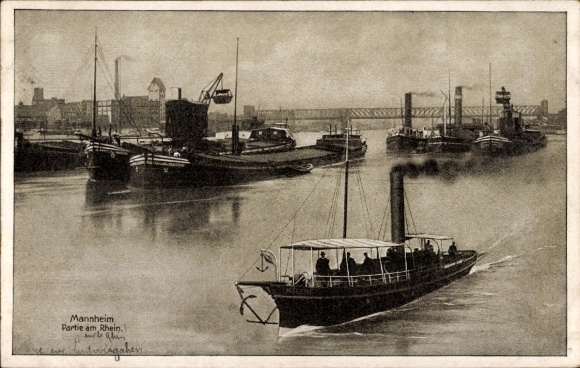 Postcard Mannheim in Baden, ship on the Rhine, harbor view, several ships