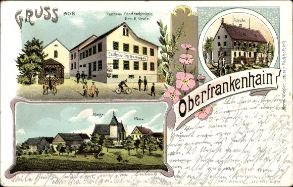 Chromo-Litho Oberfrankenhain Frohburg in Saxony, church, school, inn