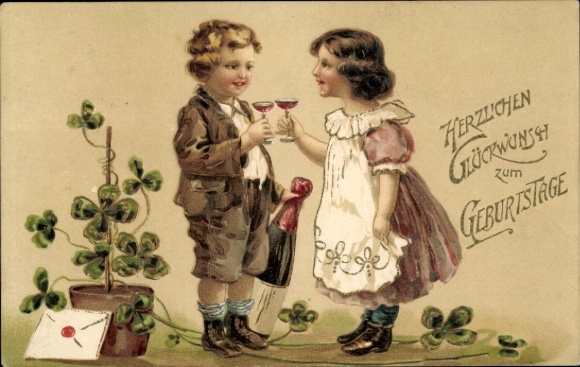 Postcard congratulations birthday, children with drinking champagne, clover leaves