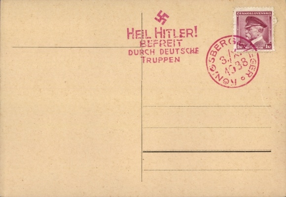 PC stamp Königsberg Eger 1938, Heil Hitler, Liberated by German troops, Sudetenland liberation