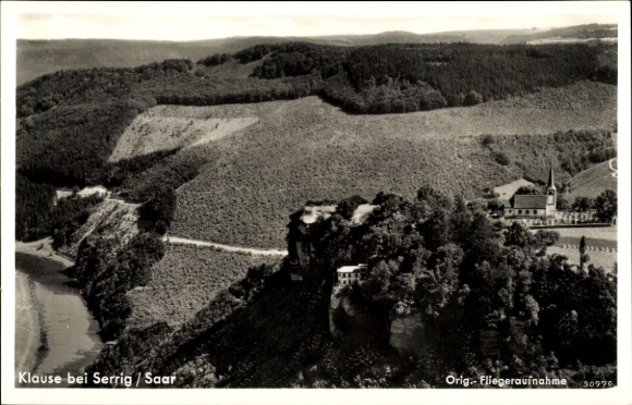 Postcard Serrig an der Saar, aerial photograph Klause