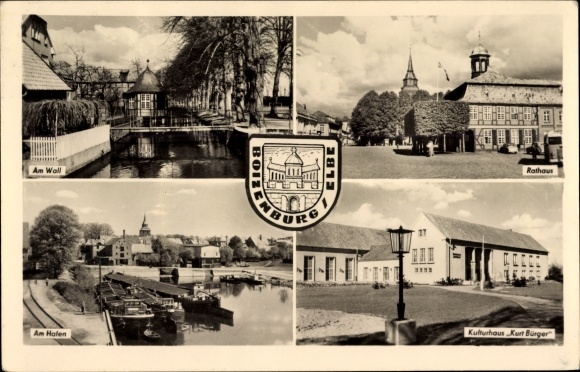 PC Boizenburg on the Elbe, port, town hall, Am Wall, Kurt Bürger cultural center, coat of arms