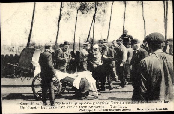 Postcard Contich Kontich Flandern Antwerpen, spoorweg ongeluk, railway accident 1908, one injured