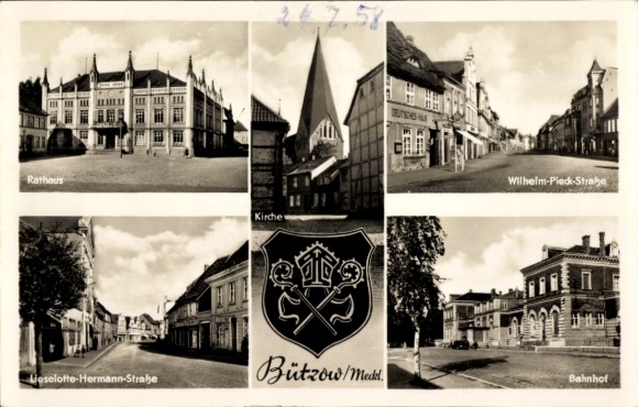 Postcard Bützow in Mecklenburg, town hall, church, Wilhelm-Pieck-Straße, Lieselotte-Hermann-Straße, Bö...