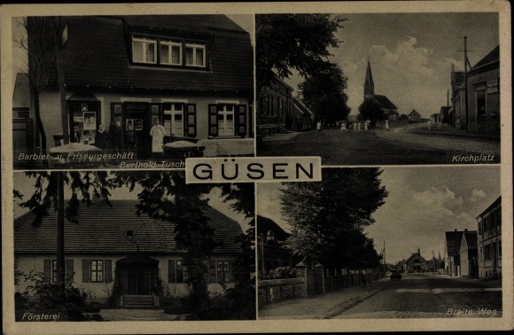 Postcard Güsen Elbe Parey in Saxony Anhalt, barber and hairdresser&#39;s shop, church square, forester&#39;s shop, width way