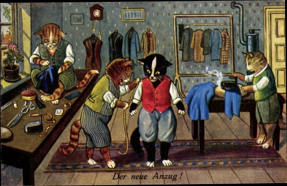 Artist Postcard The new suit, cats at the tailor