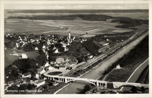 Postcard Kellmünz on the Iller Swabia, aerial photograph of the town, bridge