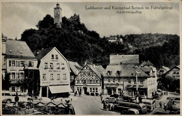 Postcard Bad Berneck in the Fichtelgebirge Bavaria, climatic health resort, Kneipp bath, houses, Adolf Hitler Square, mountains