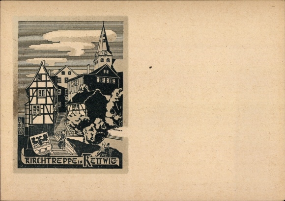 Artist Postcard Kettwig Essen in the Ruhr area, church steps, coat of arms
