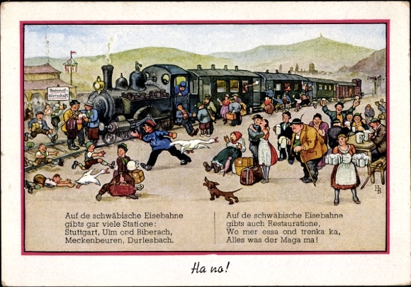 Artist Postcard Boettcher, Hans, Swabian Railway, Train Station, Beer, Dachshund, Travelers