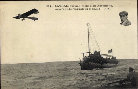 Postcard Latham tries to cross the English Channel in his Antoinette monoplane
