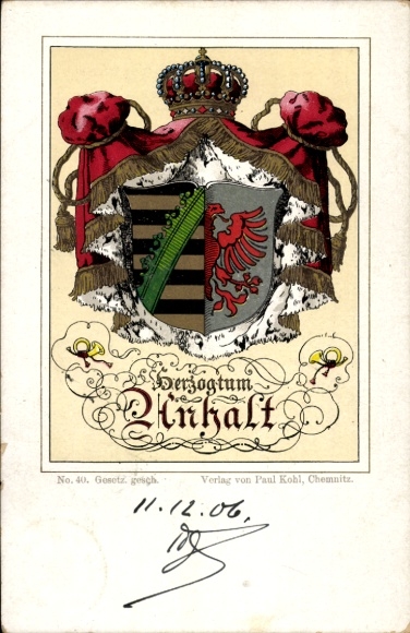 Coat of arms Chromo-Litho Duchy of Anhalt, crown, eagle