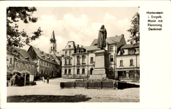 Postcard Hartenstein in the Ore Mountains, market with Flemming monument