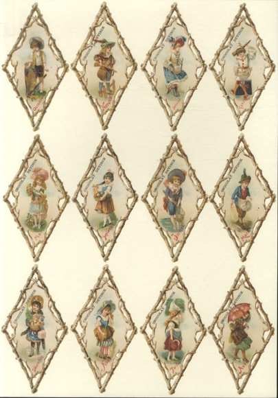 12 wafers advertising "Chocolat Devinck", children's motifs, calendar pages, size approx. 14 x 7.5 cm each