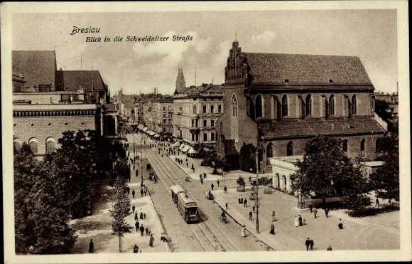 Postcard Wrocław Breslau Schlesien, Schweidnitzer Straße, tram