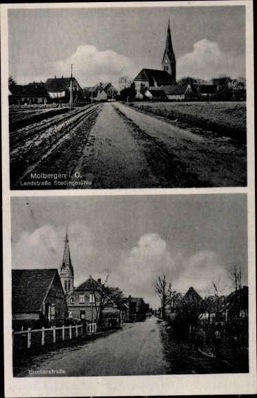 Ak Molbergen in Oldenburg, Landstraße Stedingmühle, Kirche, Ermkerstraße