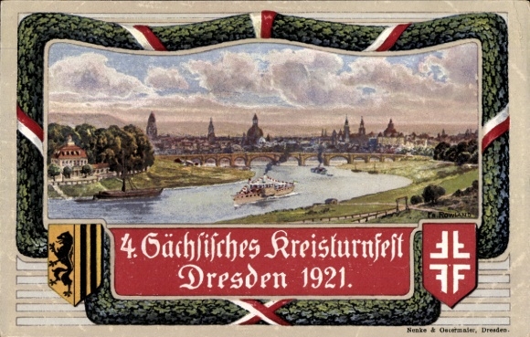 Coat of arms artist Postcard Dresden, 4th Saxon District Gymnastics Festival 1921, city view from the Waldschlösschen