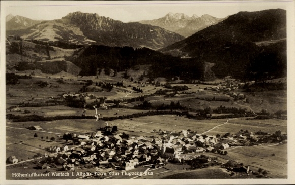 Postcard Pfronten in Allgäu, high altitude health resort, mountain landscape, aerial photography,