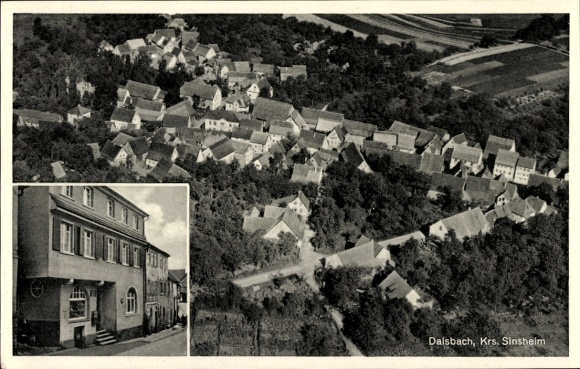Postcard Daisbach Waibstadt in Baden, aerial photograph, Cafe and Bakery Friedr. Leismann