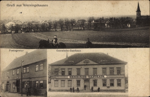 Postcard Werningshausen in Thuringia, general view, post office, community inn