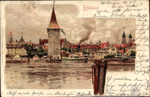 Artist Chromo-Litho Lindau on Lake Constance Swabia, harbor area