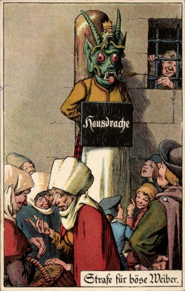 Künstler Litho Jodolfi, Strafe für böse Weiber, Hausdrache, Drachenmaske, Schandpfahl