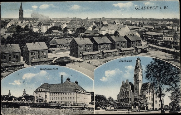 PC Gladbeck in the Ruhr area, town hall, bathing establishment, total view
