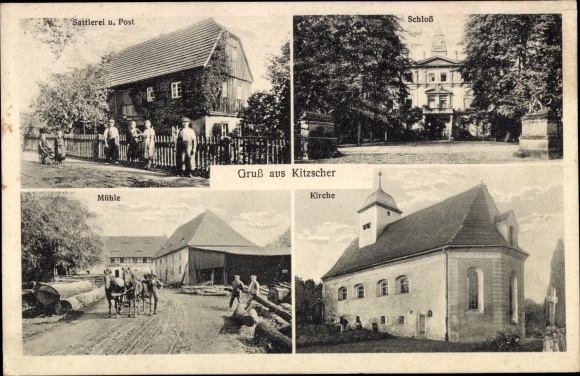 Postcard Kitzscher in Saxony, castle, saddlery, post office, mill, church