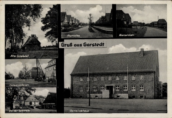 Postcard Garstedt Lüneburger Heide Lower Saxony, community center, Ahornallee, petrol station