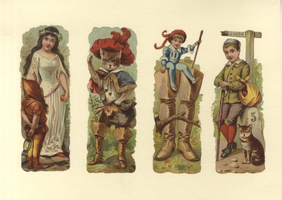 4 wafel-sprookjesfiguren, waaronder de gelaarsde gelaarsde kat, Sneeuwwitje, elk ca. 15 x 5 cm