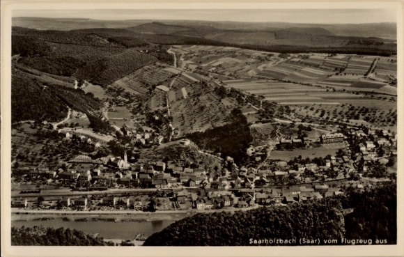 Postcard Saarhölzbach Mettlach in Saarland, Aerial view of Saarholzbach, river and surrounding hills, b