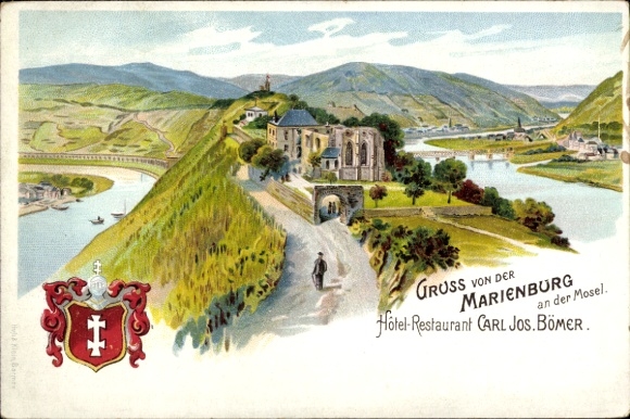 Wapen litho Zell Moezel, Hotel Restaurant Marienburg aan de Moezel, eigenaar Carl Josef Bömer