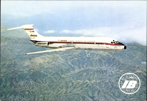 Postcard Spanish passenger plane, Iberia, Douglas DC 9